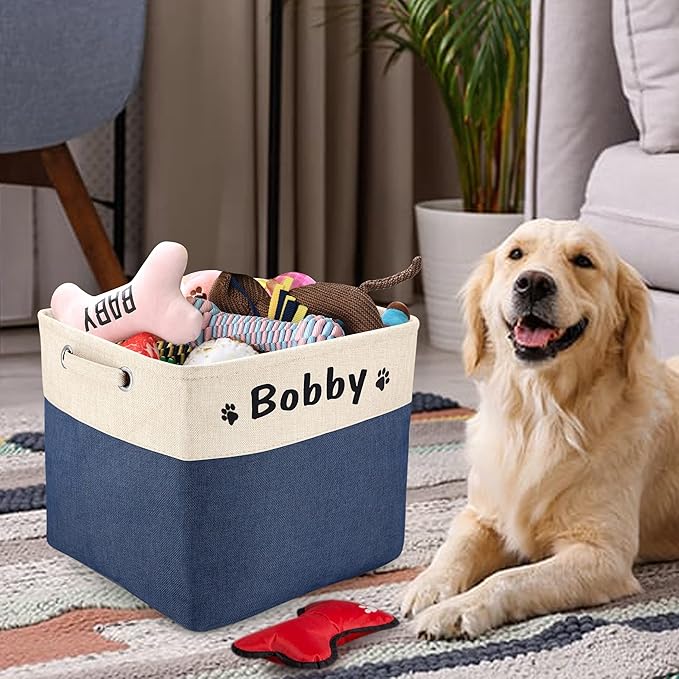 PET ARTIST Collapsible Dog Toy Storage Basket Bin with Personalized Pet's Name - Rectangular Storage Box Chest Organizer for Toys, Clothing, Apparel & Accessories