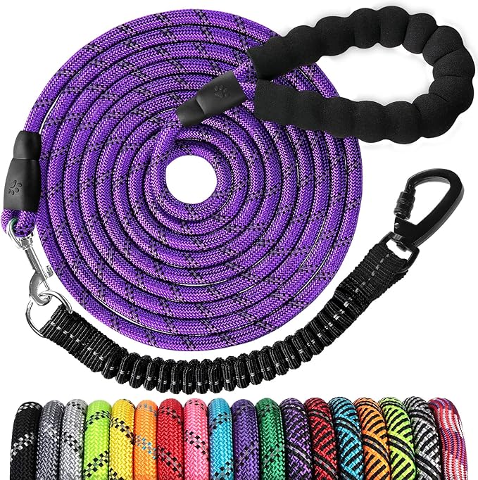 Long Dog Leash 15 FT: Heavy Duty Rope Leashes for Dogs Training with Swivel Lockable Hook Reflective Threads Bungee and Padded Handle - Dog Lead for Large Small Medium Dogs Outside Walking Hiking