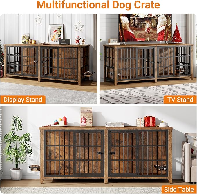 Lulive 78" Dog Crate Furniture for 1 Large or 2 Small/Medium, Extra Large Dog Kennel Indoor with Removable Divider & Adjustable Height Dog Bowls, Heavy Duty Wooden Double Dog Cage as TV Stand, Brown