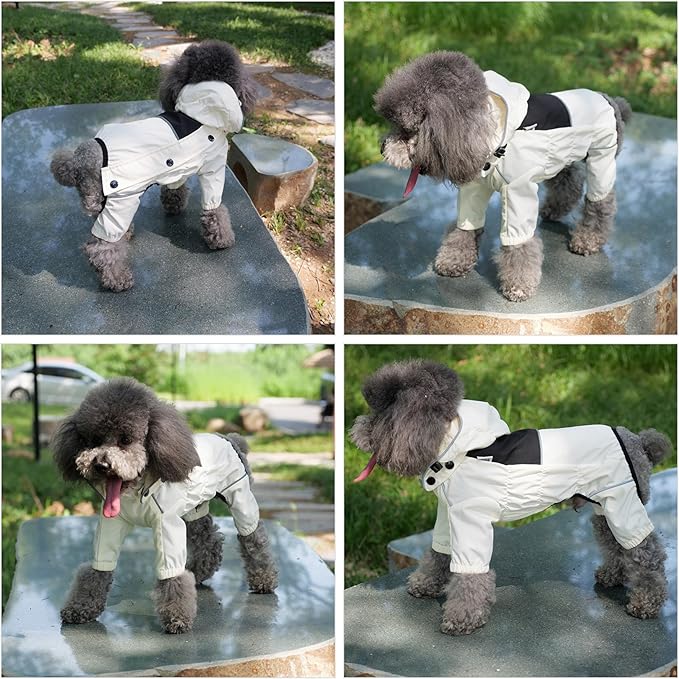 LOVELONGLONG Waterproof Dog Raincoat with Removable Hood – Outdoor Full Body Dog Jacket, Windproof Snowproof Shell Suit – All Season Pet Rain Gear Ivory M
