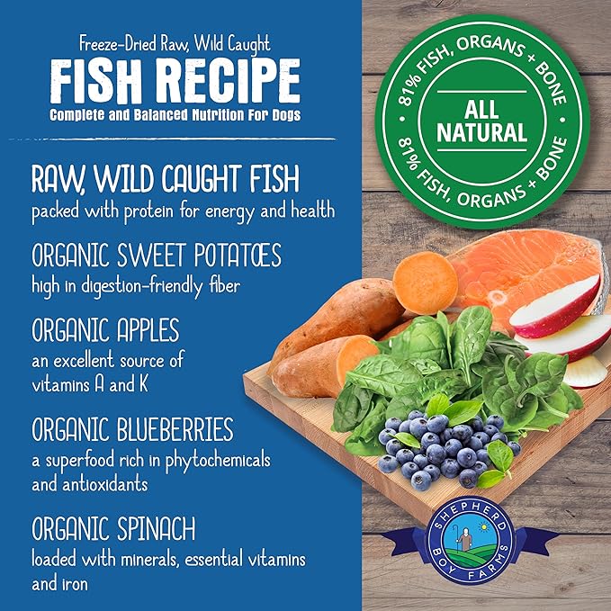 Shepherd Boy Farms Freeze Dried Raw Dog Food, Fish Medley Recipe, All Natural, No Synthetics, Made in USA with Goat's Milk & Organic Produce, High Protein, Complete Meal (14oz)