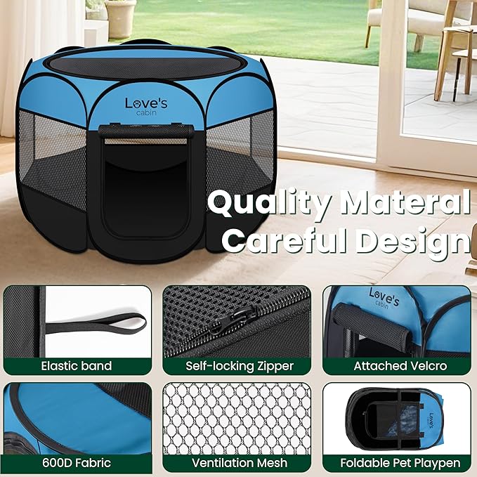 Love's cabin Pet Puppy Dog Playpen, Large Dog Tent Crates Cage Indoor/Outdoor, Portable Playpen for Cat, Foldable Pop Up Dog Kennel Playpen with Carring Case, Removable Zipper Top, Blue