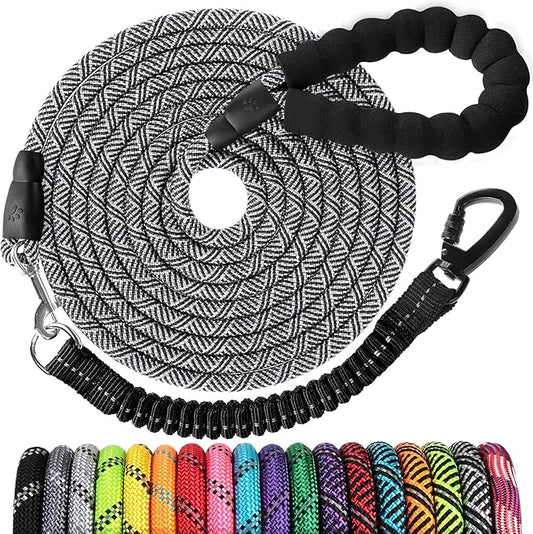Long Dog Leash 30 FT: Heavy Duty Rope Leashes for Dogs Training with Swivel Lockable Hook Reflective Threads Bungee and Padded Handle - Dog Lead for Large Small Medium Dogs Outside Walking Hiking Grey