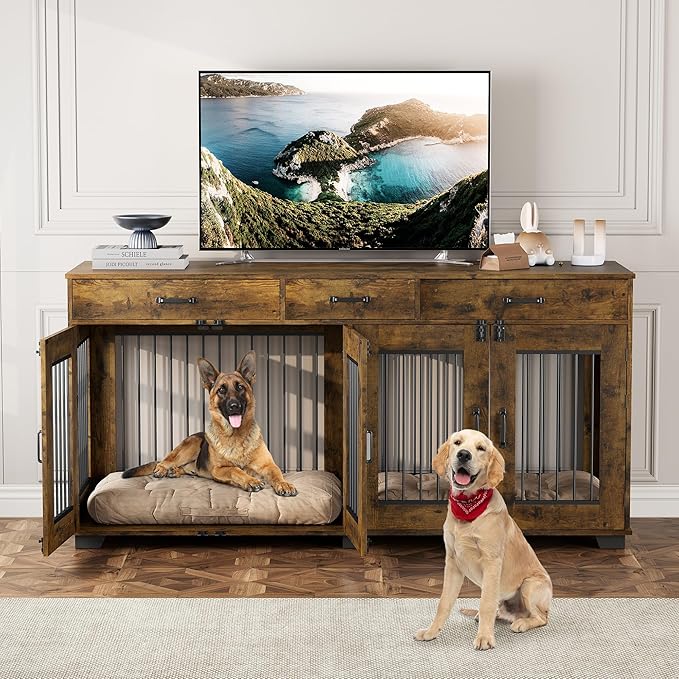 71'' Dog Crate Furniture, XXL Indoor Dog Kennel TV Stand End Table with Double Doors, 3 Drawers and Removable Room Divider, Wooden Double Dog Crate for 2 Dogs for Large Medium Dogs, Rustic Brown