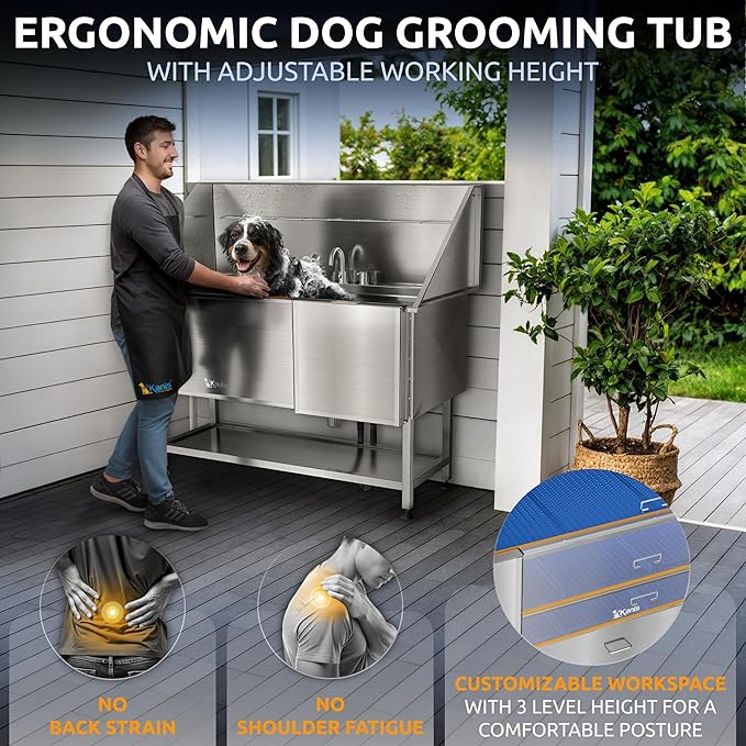 KANIS Professional Dog Washing Station - 304 Stainless Steel Pet Wash Sink & Grooming Bathtub w/Shower, Floor Grates and Storage for Large, Medium & Small Pets (61", Shelf - Right Ramp)