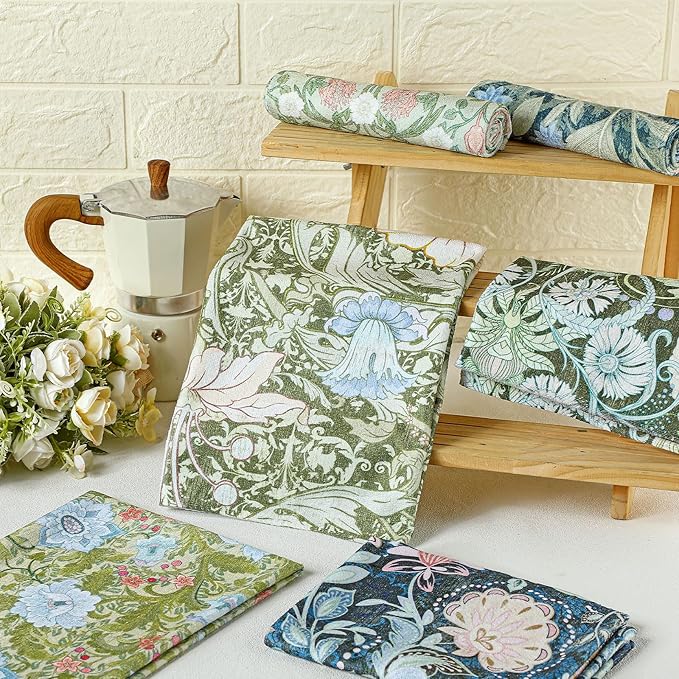 TecUnite 6 Pcs Vintage Floral Kitchen Towels Set Retro Flower Tea Towels Absorbent Dish Towels Decorative Colorful Hand Towel for Cleaning Drying Wiping Task Women Mom Housewarming Gifts Decor