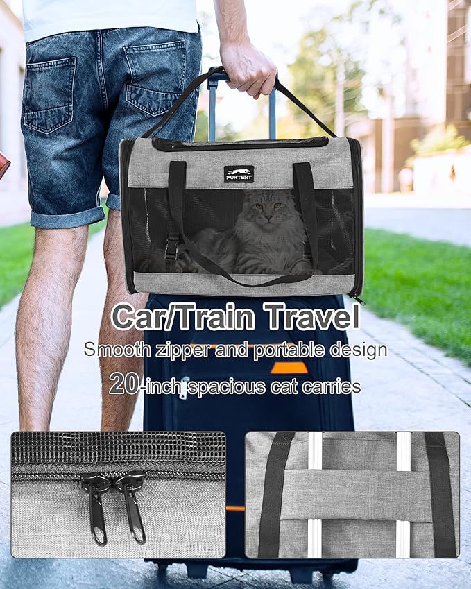 Soft-Sided Large Cat Carrier for 2 Cats, Spacious Foldable Pet Travel Carrier for Large Cats up to 25 Lbs, Double Cat Bag with Shoulder Strap, 20x13x13 Inch, Fits Maine Coon and Small Dogs, Grey