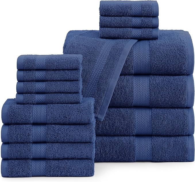 LANE LINEN 100% Cotton Luxury Towel Set for Bathroom - 16 Pieces, Ring Spun - Plush, Soft & Highly Absorbent - 4 Shower Towels, 8 Washcloths, 4 Hand Towels - Complete Bathroom Towel Set - Navy Blue