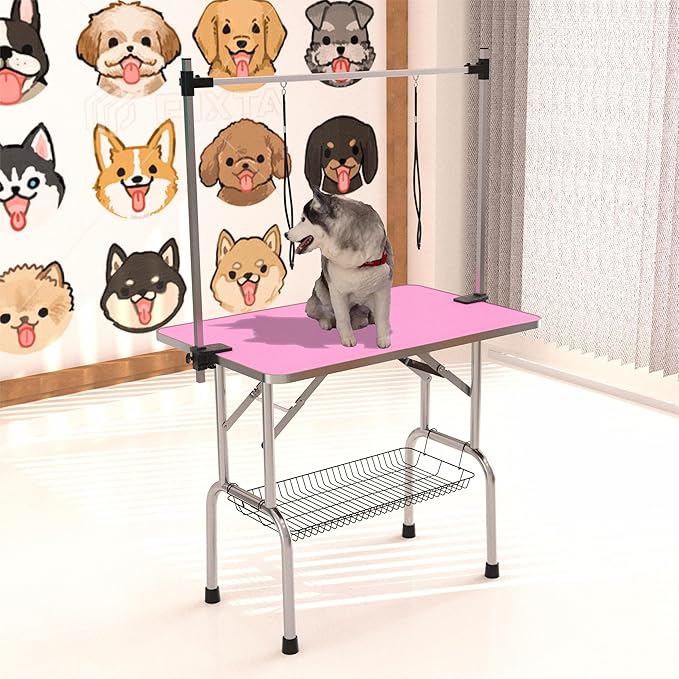 36" Dog Grooming Table Foldable Pet Grooming Tables with Adjustable Arm Noose Storage Mesh Tray Maximum Capacity Up to 330lbs Pink