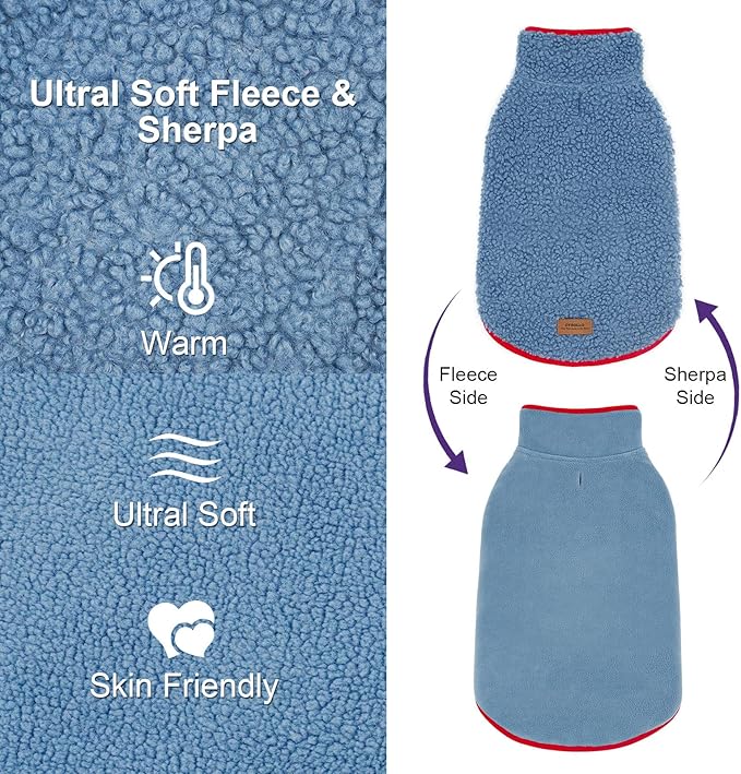 cyeollo Warm Dog Coat Reversible Dog Jacket Winter Fleece Sweater Winter Pet Apparel Jackets Sherpa Vest Sweater Cold Weather Doggie Coats for Small Dogs Cats, Blue L