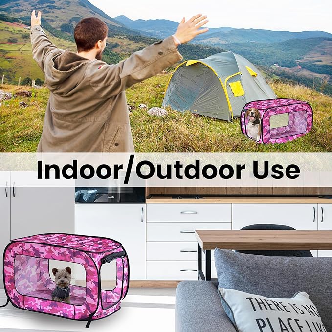 Beatrice Home Fashions Portable, Collapsible, Pop Up Kennel Travel Cat and Dog Crate, 36" L x 22" W x 22" H, Camo Pink