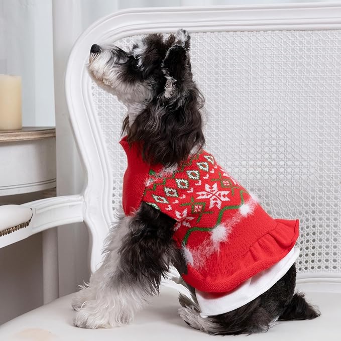 CuteBone Fancy Christmas Dog Sweater Dress, Soft and Stretchy Dog Clothes for Small Medium Dogs Girl, Christmas Snowflake Red Puppy Sweater Pullover Ruffle Dress Pet Outfit Cat Apparel