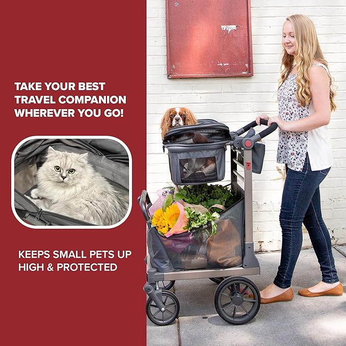 Wadabuggy Pet Foldable Cart - Luxury Cat & Dog Stroller with Extra Large Shopping Basket, Cup Holders, & Ventilated Canopy - Easy Fold Pet Stroller for Cats & Dogs