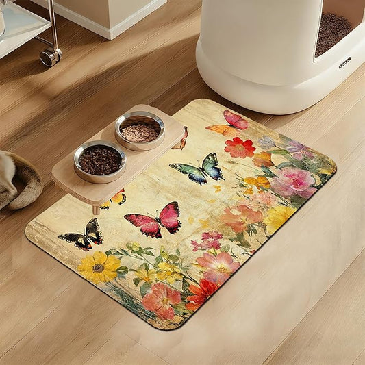 Vintage Butterfly Floral Pet Food Mat for Cats and Dogs–Absorbent Quick Dry Feeding Placemat, Non Slip Rubber Base, Waterproof Bowl Mat for Indoor Use, Pet Supplies 12"x20"