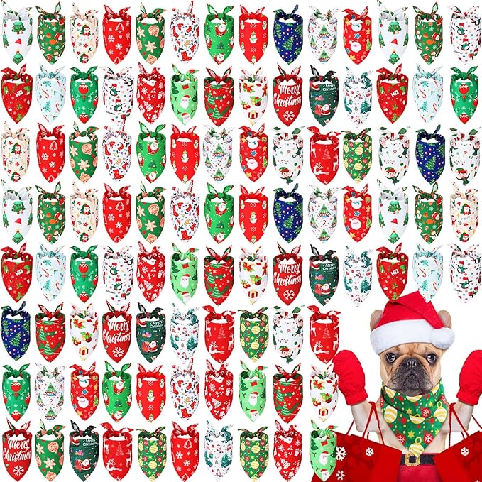 Abbylike 100 Pcs Christmas Dog Bandanas Bulk Xmas Bandanas for Dogs Triangle Kerchief Bibs Scarf Set for Pet Xmas Costume Photo Props Accessories Pet Shops Grooming, 25 Styles (25.6 x 17.7 x 17.7)