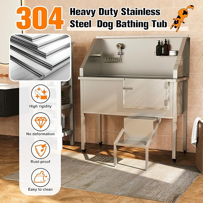 COZIWOW 56" Dog Washing Station, Large Dog Wash Station for Home, Stainless Steel Dog Grooming Tub, Professional Dog Bathing Station with Shower Hose, Washing Gloves, Floor Grate