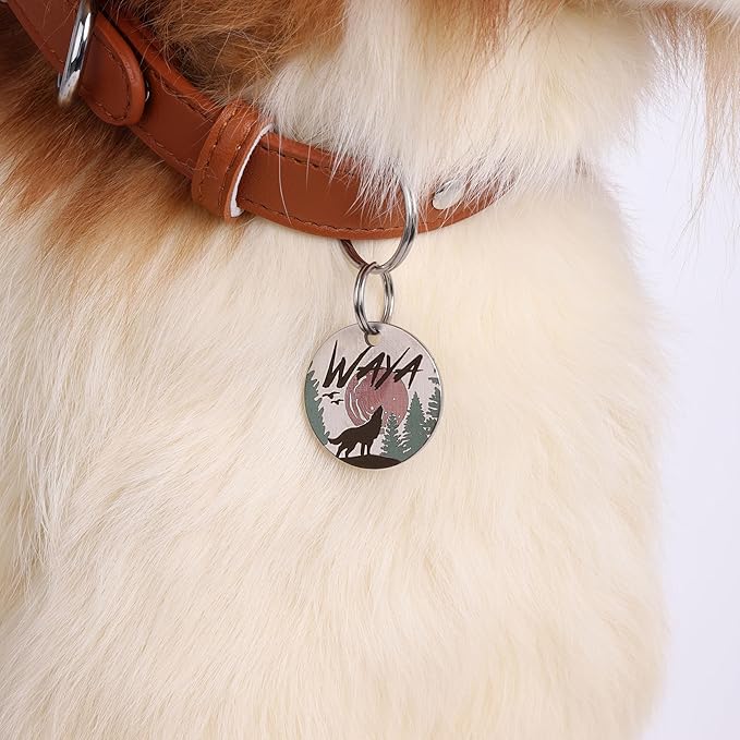 Colorful Dog Tags Personalized, Engraved Dog Tags with Colored Printing for Pets, Dog Name tag with deep Engraving, Custom pet ID Tags, Customizable cat Collar Holder tag (Wolf)