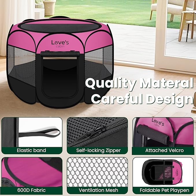 Love's cabin Pet Puppy Dog Playpen, Small Dog Tent Crates Cage Indoor/Outdoor, Portable Playpen for Cat, Foldable Pop Up Dog Kennel Playpen with Carring Case, Removable Zipper Top, Pink