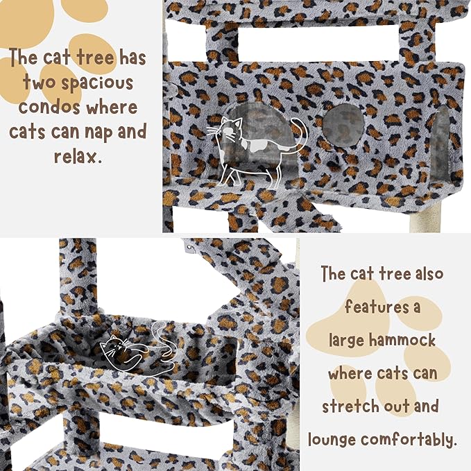Cat Tree,80-Inch Large Cat Tower with 9 Scratching Posts, 2 Perches, 2 Caves, 2 Basket, 2 Stairs,Extra large Hammock, Pompoms, Multi-Level Plush Cat Condo for Indoor Cats (Grey Leopard Print)