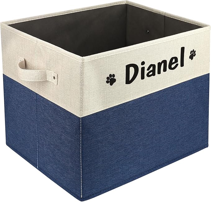 PET ARTIST Large Dog Toy Basket, Custom Toy Bin Box Personalized with Pet's Name, Collapsible Pet Storage Baksets With Handle for Toys,Blankets,Accessories- Navy Blue