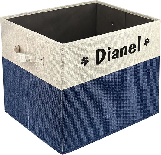 PET ARTIST Large Dog Toy Basket, Custom Toy Bin Box Personalized with Pet's Name, Collapsible Pet Storage Baksets With Handle for Toys,Blankets,Accessories- Navy Blue