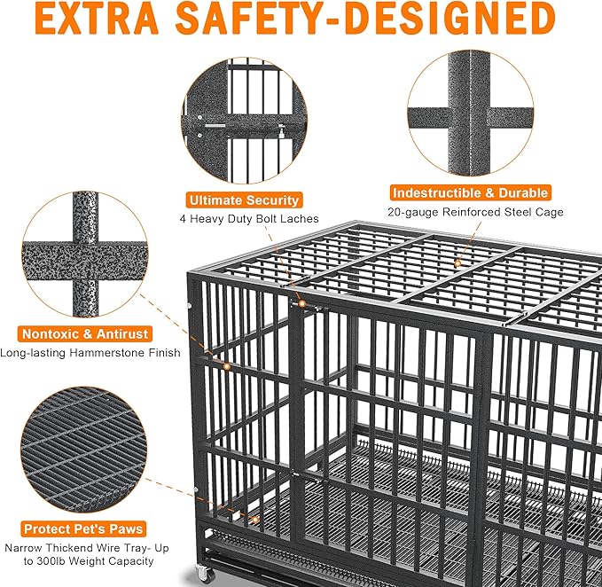48/42/38 inch Heavy Duty Indestructible and Escape-Proof Dog Crate Cage Kennel for Large Dogs, High Anxiety Dog Crate with Removable Wire Trays and Wheels, Extra Large XL XXL