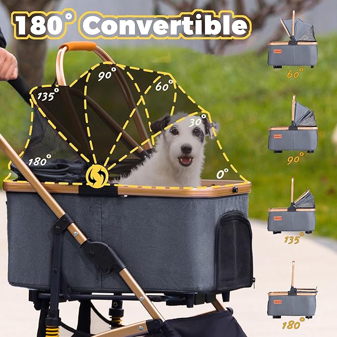 Pet Stroller for Small Dogs, Lightweight Small Dog Stroller for Dogs Cats with 6 Shock Absorption System, Detachable Carrier Suitable for Car Seat & Hand Carry, Safe Outings, Gray