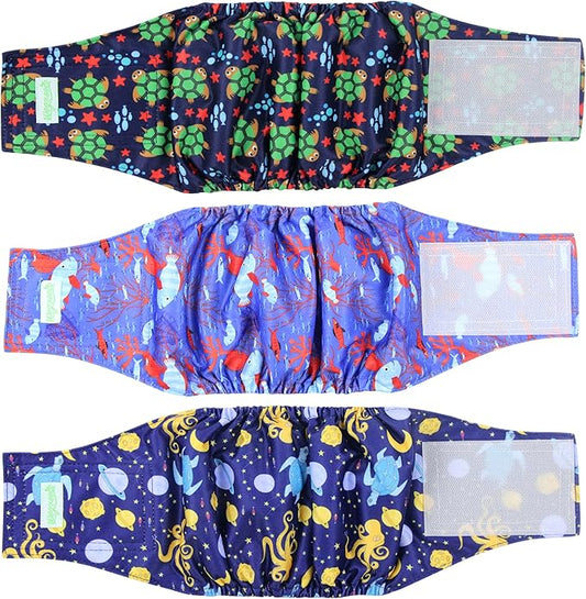 wegreeco Washable Male Dog Belly Band (Stylish Pattern)- Pack of 3 - Washable Male Dog Belly Wrap, Dog Diapers Male (Turtle, L)
