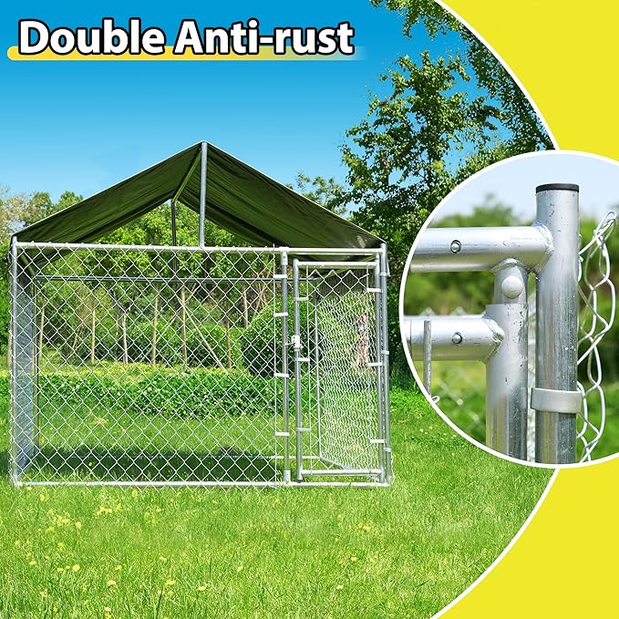 Large Dog Kennel Outdoor, Outside Dog Run Enclosure Heavy Duty Galvanized Steel Chain Link Metal Dog Pen House with Lockable Door and Water-resistant Roof, for Medium and Large Dogs(6.76'x6.76'x5.65')