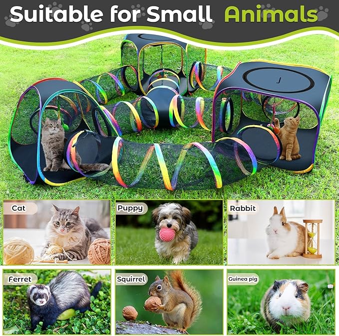 CypherX Outdoor Rainbow Cat Enclosure, 7 in 1 Portable Cat Tents for Outside Cage Free Outside Pet Enclosure Cat Tunnel Outdoor Playground for Indoor Cats and Small Animals