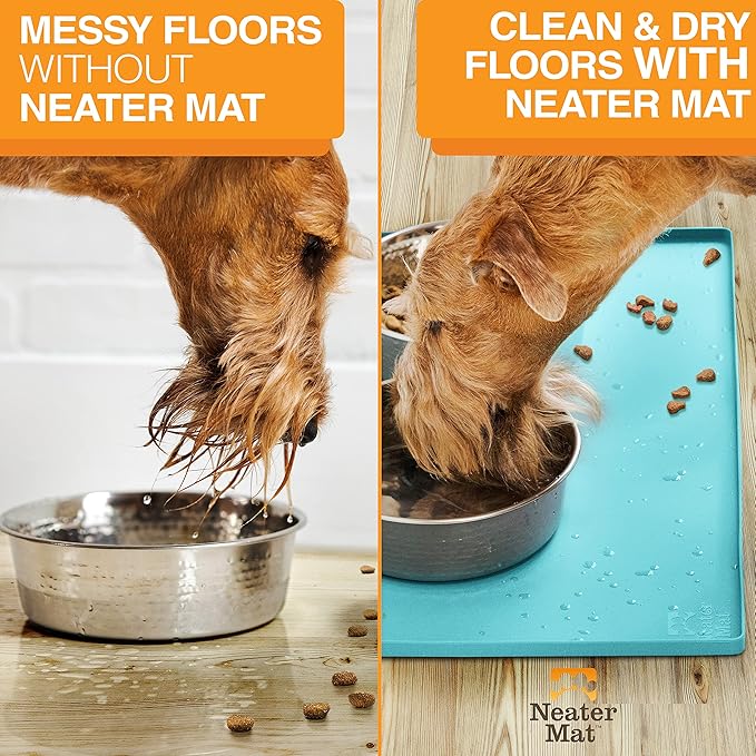 Neater Pet Brands Neater Mat Pet Mats for Food and Water, Cat & Dog Bowl Mat Waterproof Silicone, Feeding Tray, Dog Food Mats for Floors, Placemat w/Raised Edge for Under Bowls, 24” x 16”, Aquamarine