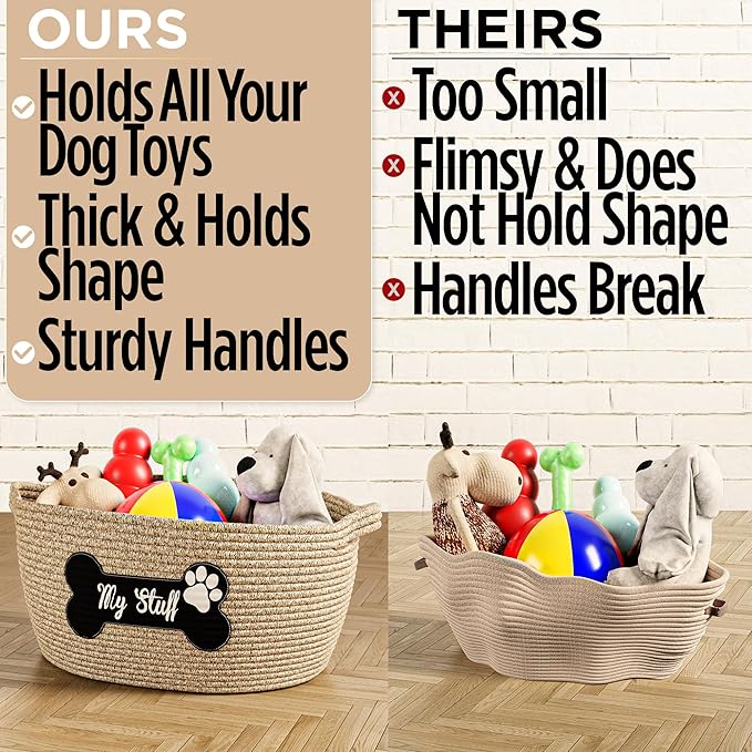 Dog Toy Basket - 100% Cotton Rope Woven Dog Toy Box for Living Room Area - Chew Proof Toybox Suitable for All Pets - Puppies to Large - Sturdy Reinforced Handles - Cute Aesthetic Design with Paw Print