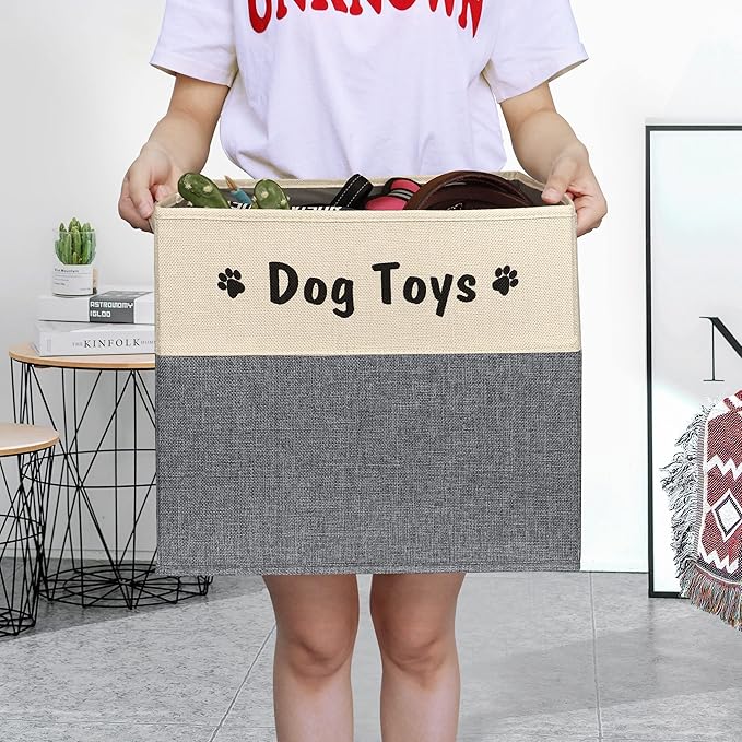 PET ARTIST Large Dog Toy Basket, Foldable Dog Toy Bin Box for Living Roon Area, Collapsible Storage Baskets with Comfortable Handles for Pet Coat,Accessories, Gray, 15"x13"x12"
