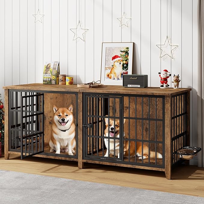 Lulive 78" Dog Crate Furniture for 1 Large or 2 Small/Medium, Extra Large Dog Kennel Indoor with Removable Divider & Adjustable Height Dog Bowls, Heavy Duty Wooden Double Dog Cage as TV Stand, Brown