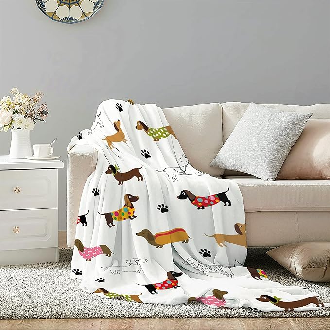Dachshund Dog Blanket Personalized Dogs Blanket Puppy Blanket,Dog Gift for Dog Lovers Mom Dad Cute Dog Paw Prints Soft Flannel Throw Blanket for Bed Sofa Travel Large 80"x60" for Adults