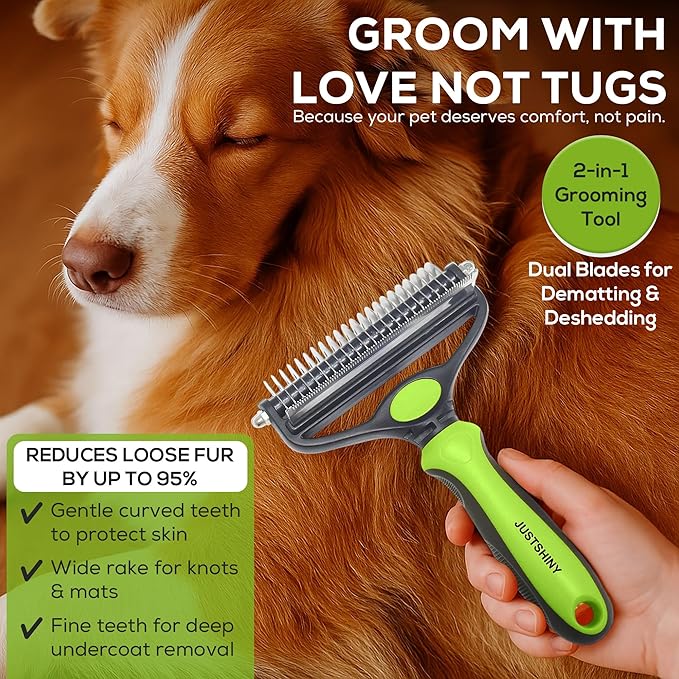 Pet Grooming Set – Deshedding Hair Brush & 2 Finger Toothbrushes – Perfect for Dogs & Cats (Green)