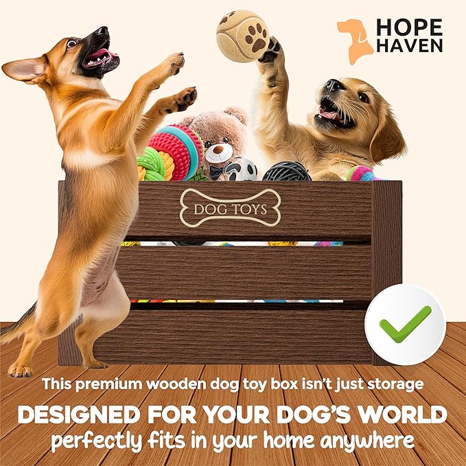 Hope Haven Wooden Dog Toy Bin – Chew-Resistant Toy Storage Box – Large Capacity Basket for all Pet Accessories – Heavy Duty, Pet-Safe Design for Organizing Dog Toys, Leashes, Treats, and More