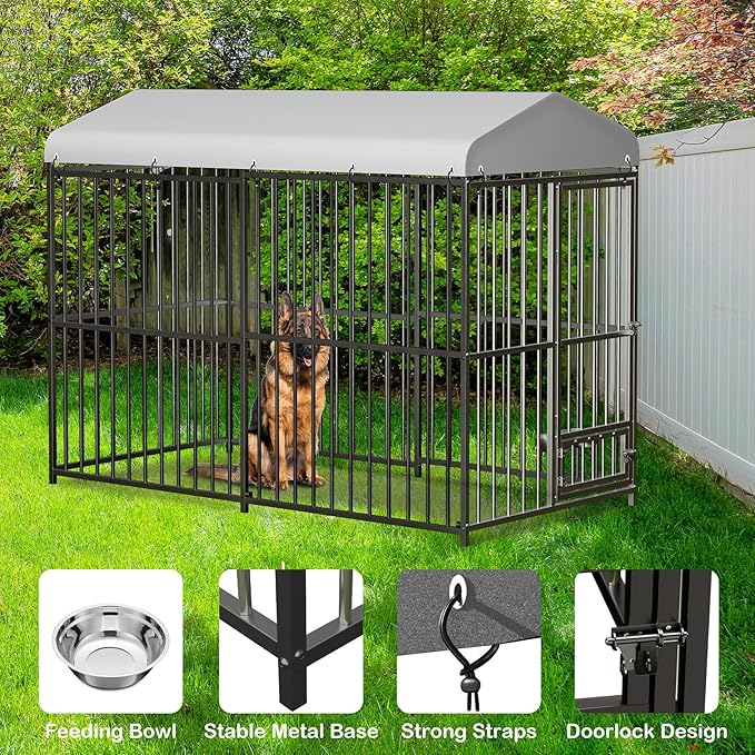 Metal Dog Kennel Outside,8x4x6 FT Heavy-Duty Outdoor Dog Cage with Roof and Lock,Covered Outside Kennel,for Medium and Large Dogs