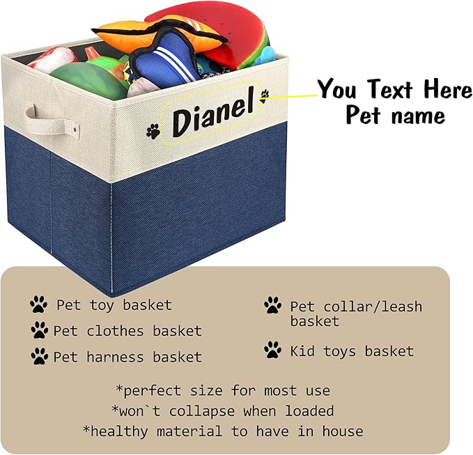 PET ARTIST Large Dog Toy Basket, Custom Toy Bin Box Personalized with Pet's Name, Collapsible Pet Storage Baksets With Handle for Toys,Blankets,Accessories- Navy Blue