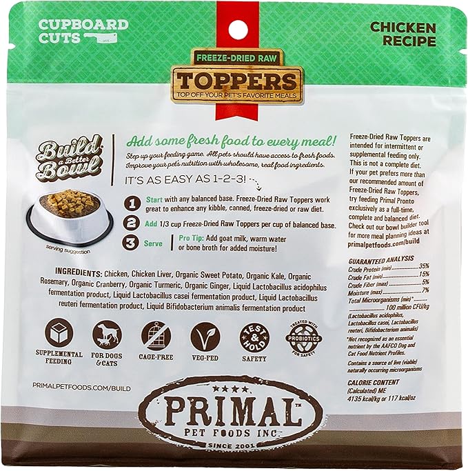 Primal Dog Food Toppers & Cat Food Toppers, Cupboard Cuts, Grain Free Meal Mixers with Probiotics, Raw Freeze Dried Dog Treats & Cat Treats, Great for Training (Chicken, 3.5 oz) (Pack of 2)