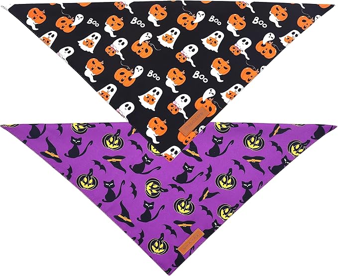 Realeaf Halloween Dog Bandanas 2 Pack, Reversible Orange Pumpkin Pet Scarf for Boy and Girl, Premium Durable Fabric, Holiday Bandana for Small Medium Large and Extra Large Dogs (X-Large)