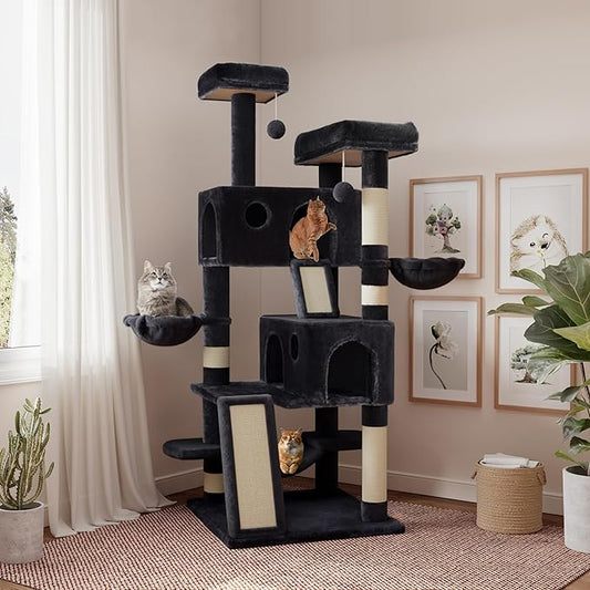 SHA CERLIN 65in Larger Cat Tree Tower Condo for Indoor Kitties/Multi-Level Furniture Activity Center with Wide Base/Cozy Plush Cat Perches/Baskets/Sisal Scratching Posts and Hammock/Dark Grey