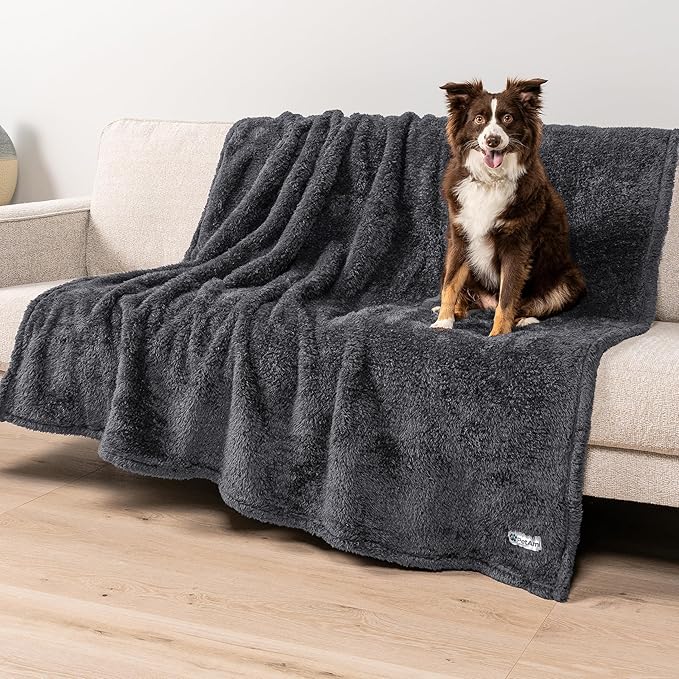 PetAmi Fluffy Waterproof Dog Blanket for Bed Large Dogs, Soft Warm Pet Sherpa Throw Pee Proof Couch Cover, Reversible Cat Blanket Sofa Crate Kennel Protector, Washable Mat (Grey, 60x80)