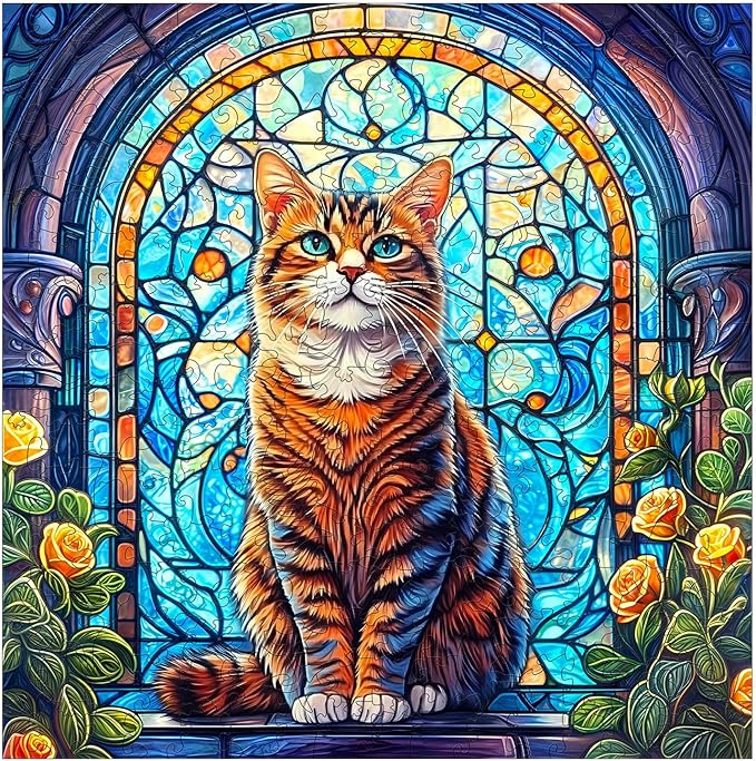 KAAYEE Wooden Puzzles for Adults, Stained Glass Cat 300 Piece Unique Animal Shape Puzzle, Cat Wood Puzzle for Adults, Creative Gifts for Friends/Family, Home Decor(13.4 * 13.3in)