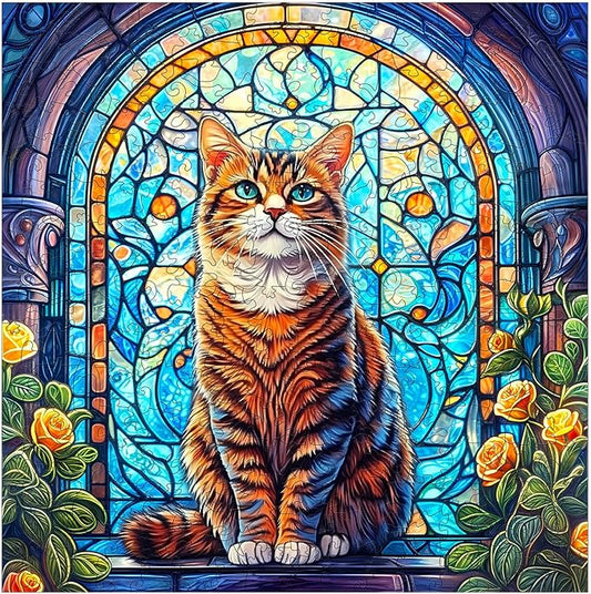 KAAYEE Wooden Puzzles for Adults, Stained Glass Cat 100 Piece Unique Animal Shape Puzzle, Cat Wood Puzzle for Adults, Creative Gifts for Friends/Family, Home Decor(8.5 * 8.4in)