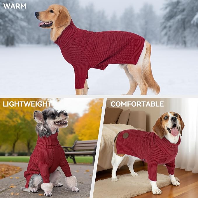 cyeollo Turtleneck Dog Sweater Soft Knitted Sweaters with Leash Hole Pet Clothes for Cold Day Pet Small Medium Dog Sweaters, Burgundy XL