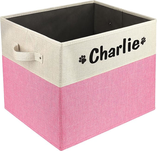 PET ARTIST Large Dog Toy Basket, Custom Toy Bin Box Personalized with Pet's Name, Collapsible Pet Storage Baksets With Handle for Toys,Blankets,Accessories- Pink