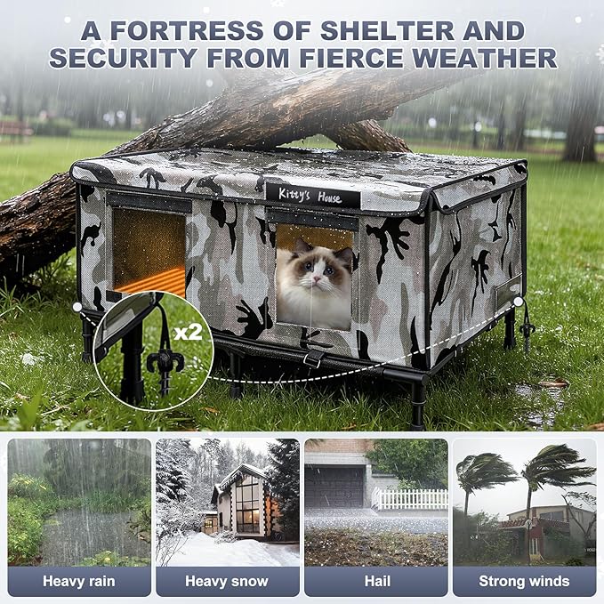 Heated Outdoor Cat House - Weatherproof Outdoor Cat Shelter with 2 Doors & Rain Cover, Waterproof Warm Outside Cat House for Feral Cats & Stray Pets (32"x22"x18")