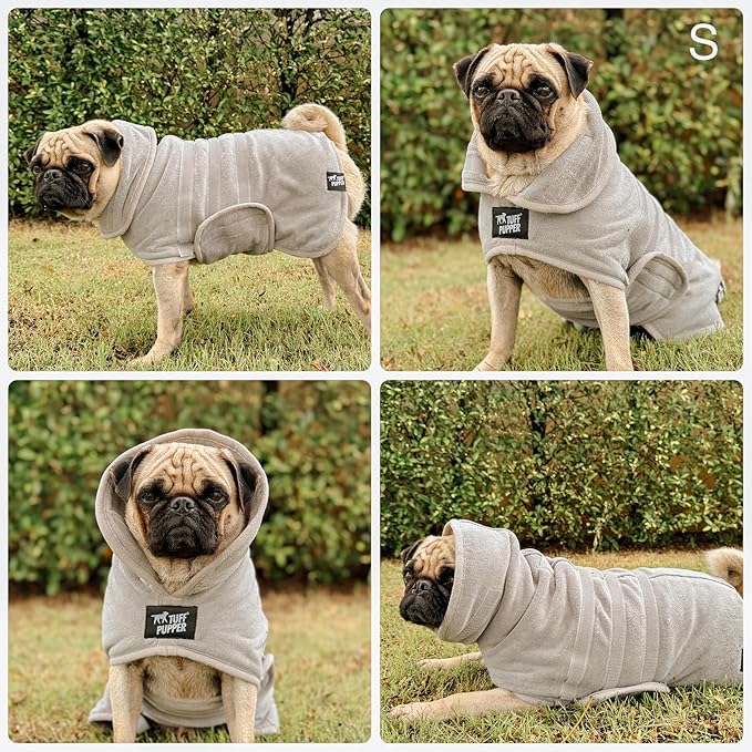 Tuff Pupper Fast Drying Dog Bath Robe | 800 GSM Plush Dog Towel Bathrobe/Dressing Gown | Super Absorbent Pet/Puppy Bathrobe | Adjustable Hood & Belly Strap | Super Soft | Fast Drying (S, Gray)