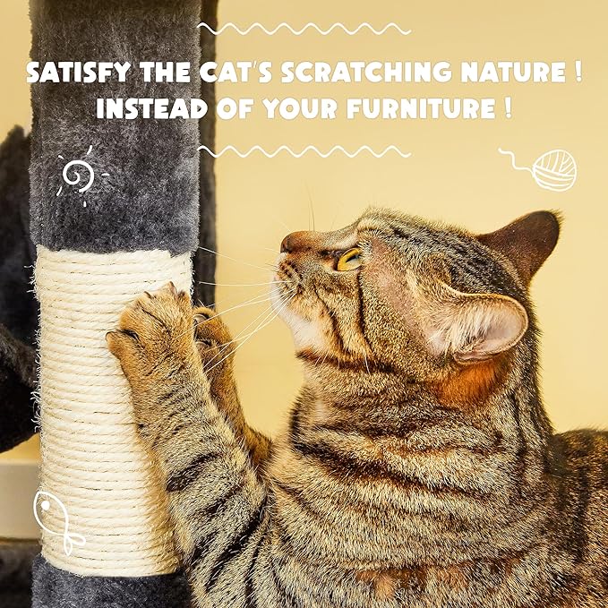 Cat Tree for Indoor Cats - 63in Multi-Level Large Cat Tower with 2 Big Cat Condos, 2 Padded Perches, Hammock, 6 Sisal-Covered Scratching Post and Toys for Kittens Pet Play House, Smoky Grey